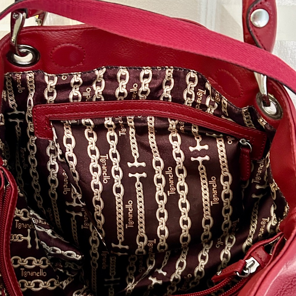 TIGNANELLO Red Pebble Leather Large 3 Way Convertible Satchel/Crossbody Bag EUC - Picture 9 of 13